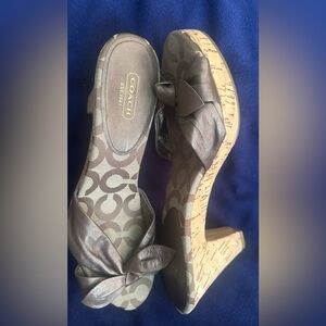 Coach Brown Wedge Sandals with Bow Accent